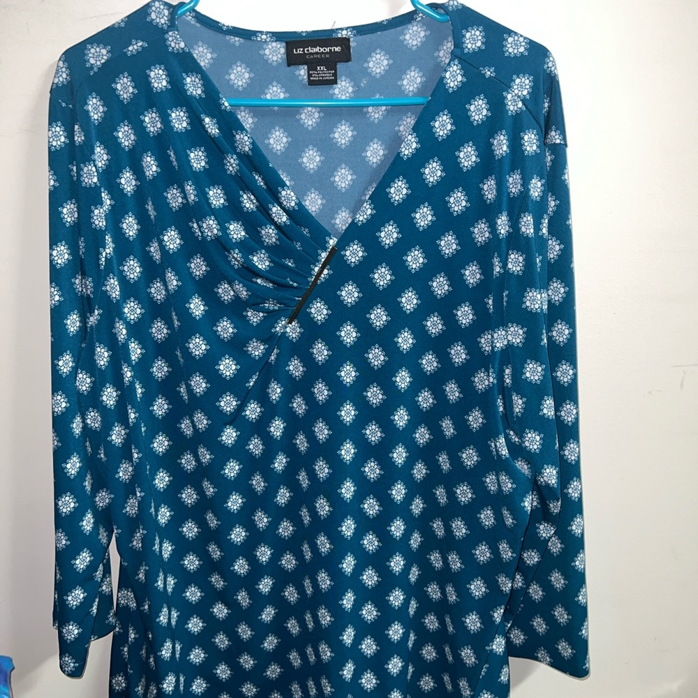 Liz Claiborne Teal Diamond-Print Long Sleeve Wrap Style Top Size XXL